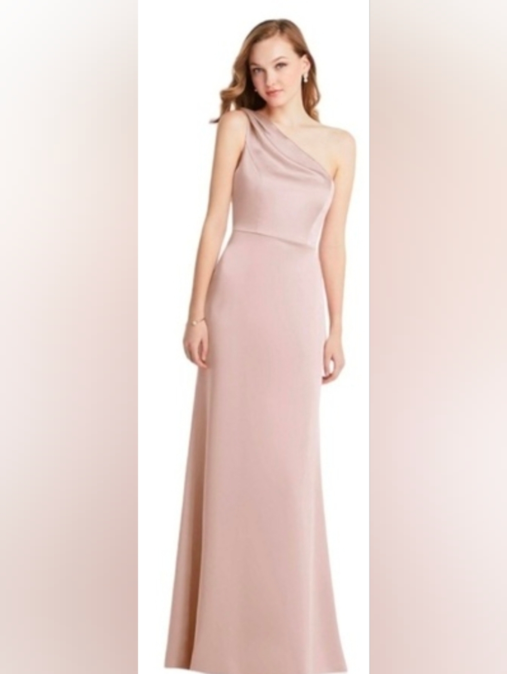 LOVELY SHIRRED ONE-SHOULDER SATIN TRUMPET DRESS IN CAMEO SIZE 14